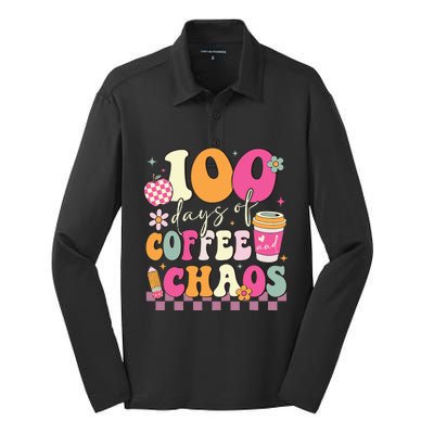 100 Days Of Coffee Chaos Lover Teacher Silk Touch Performance Long Sleeve Polo