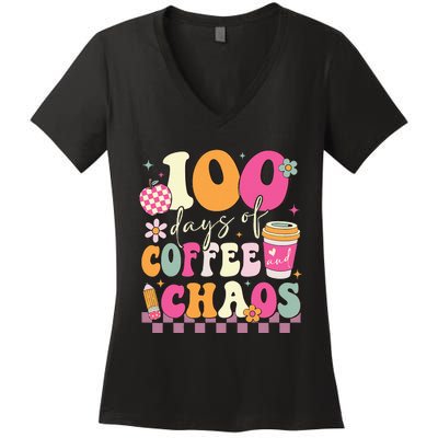 100 Days Of Coffee Chaos Lover Teacher Women's V-Neck T-Shirt