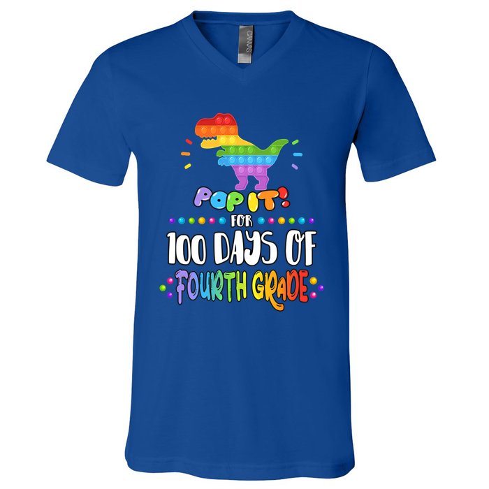 100Th Day Of Fourth Grade Fidget Pop It Dinosaur 4Th Grade Cool Gift V-Neck T-Shirt