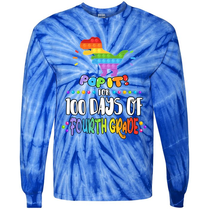 100Th Day Of Fourth Grade Fidget Pop It Dinosaur 4Th Grade Cool Gift Tie-Dye Long Sleeve Shirt