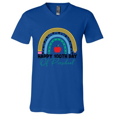 100Th Day Of Preschool Teacher Rainbow Preschool Teacher Gift V-Neck T-Shirt