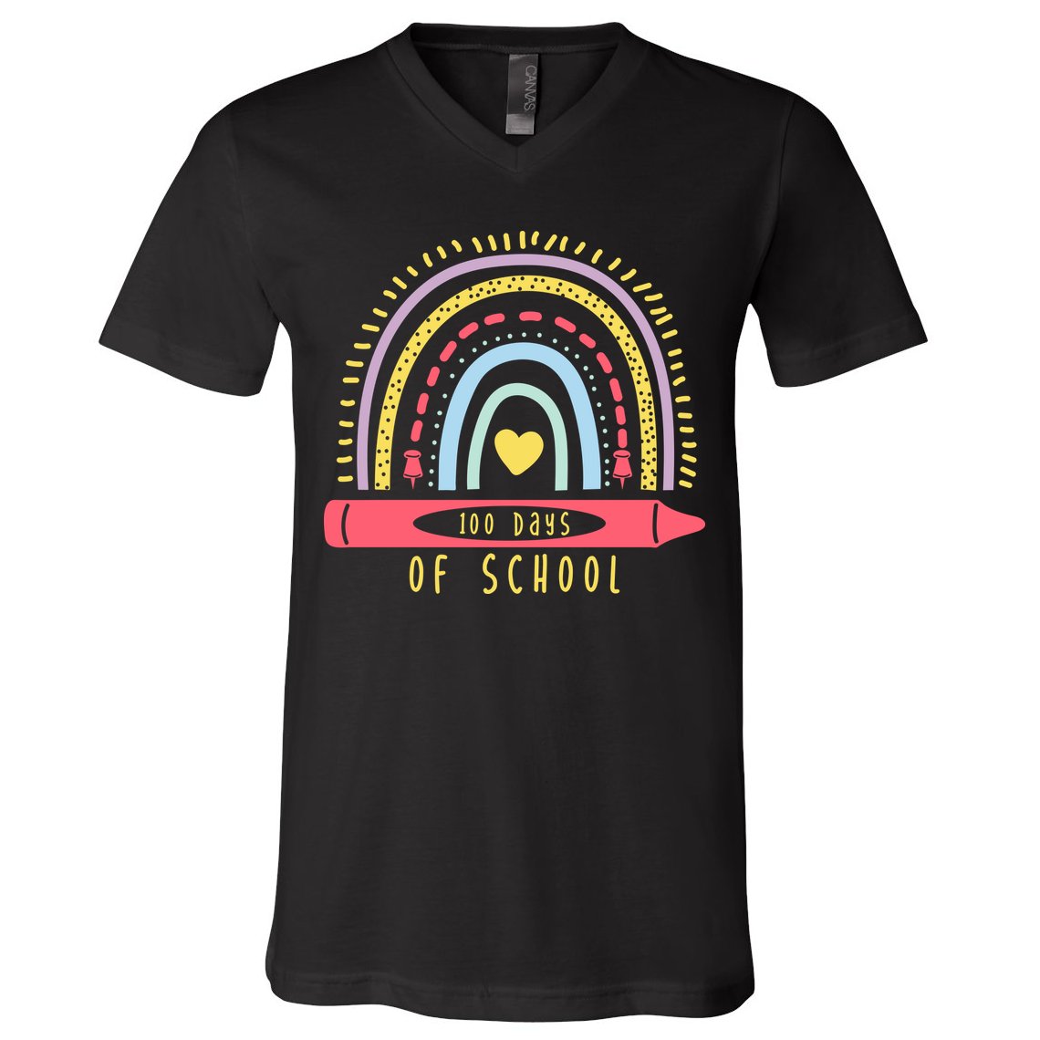 100 Days Of School Colorful Rainbow V-Neck T-Shirt