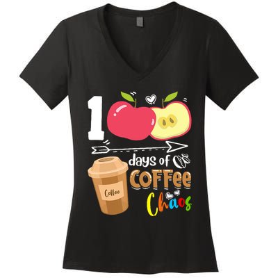 100 Days Of Coffee Chaos 100th Day Of School Women's V-Neck T-Shirt