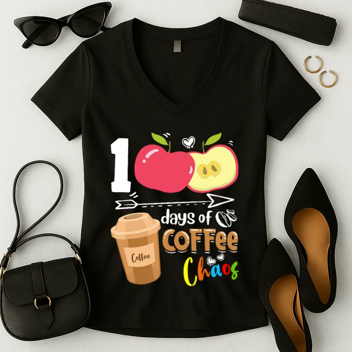 100 Days Of Coffee Chaos 100th Day Of School Women's V-Neck T-Shirt