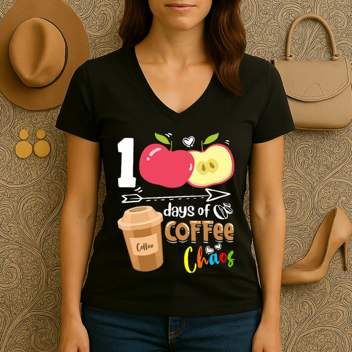 100 Days Of Coffee Chaos 100th Day Of School Women's V-Neck T-Shirt