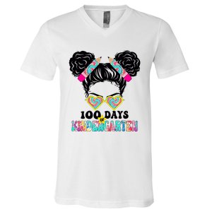 100 Days Of Kindergarten Girls Messy 100th Day Of School V-Neck T-Shirt