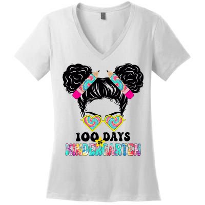 100 Days Of Kindergarten Girls Messy 100th Day Of School Women's V-Neck T-Shirt