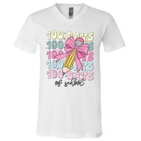 100 Days Of School Coquette Bow 100th Day Of School V-Neck T-Shirt