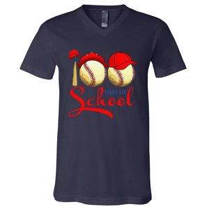 100 Days Of School Baseball Teacher 100th Day Of School V-Neck T-Shirt