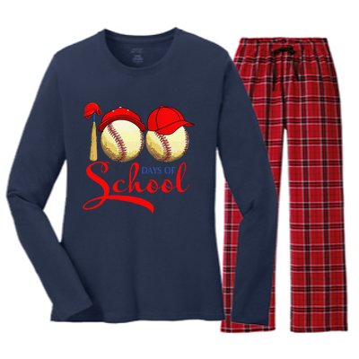 100 Days Of School Baseball Teacher 100th Day Of School Women's Long Sleeve Flannel Pajama Set 