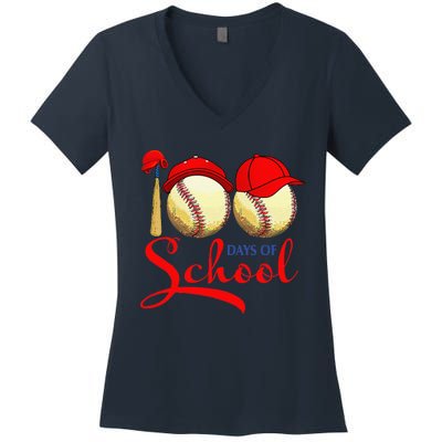 100 Days Of School Baseball Teacher 100th Day Of School Women's V-Neck T-Shirt