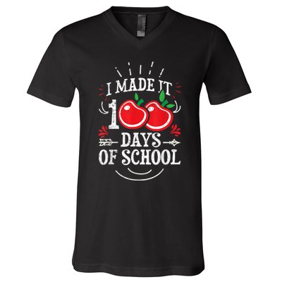 100th Day Of School Distressed I Made It 100 Days Teacher V-Neck T-Shirt