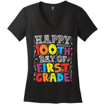 100 Days of School Design 100th Day of 1st Grade Teacher Women's V-Neck T-Shirt