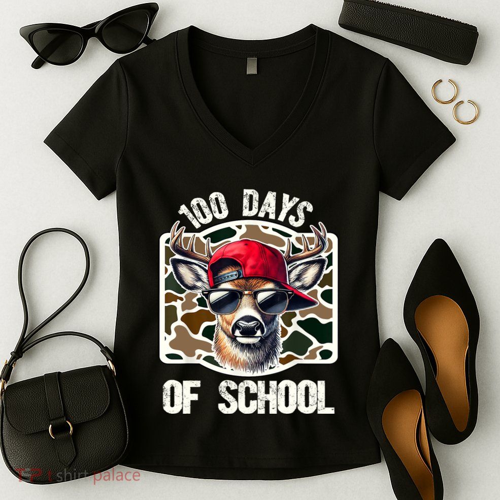 100 Days Of School Deer Hunting Deer Camo Hunter Women's V-Neck T-Shirt