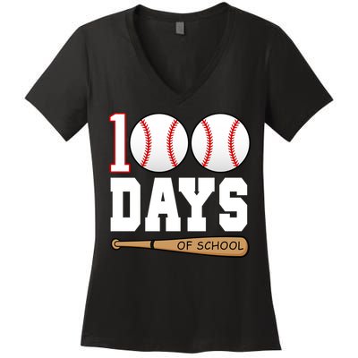 100 Days Of School Baseball Bat And Ball Women's V-Neck T-Shirt