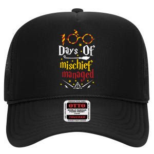 100 Days Of Mischief Managed 100th Day Of School High Crown Mesh Back Trucker Hat