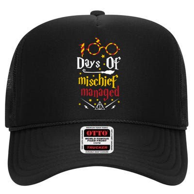 100 Days Of Mischief Managed 100th Day Of School High Crown Mesh Back Trucker Hat