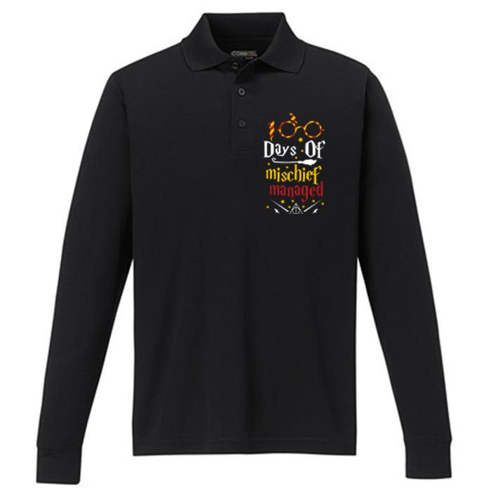 100 Days Of Mischief Managed 100th Day Of School Performance Long Sleeve Polo