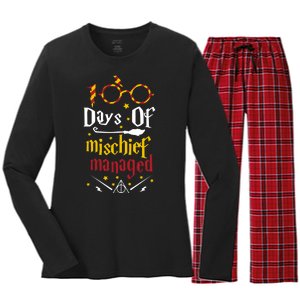 100 Days Of Mischief Managed 100th Day Of School Women's Long Sleeve Flannel Pajama Set 