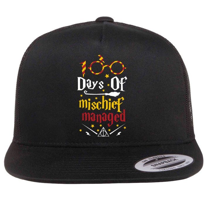 100 Days Of Mischief Managed 100th Day Of School Flat Bill Trucker Hat