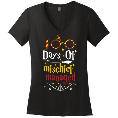 100 Days Of Mischief Managed 100th Day Of School Women's V-Neck T-Shirt