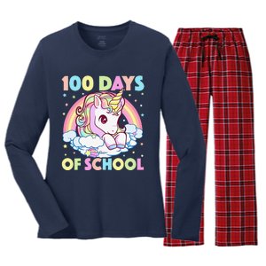 100 Days Of School Unicorn Teacher 100th Day Of School Funny Women's Long Sleeve Flannel Pajama Set 