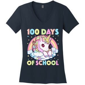 100 Days Of School Unicorn Teacher 100th Day Of School Funny Women's V-Neck T-Shirt