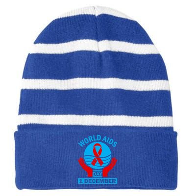 1 Dec Red Ribbon Day Support For World Aids Day Awareness Cute Gift Striped Beanie with Solid Band