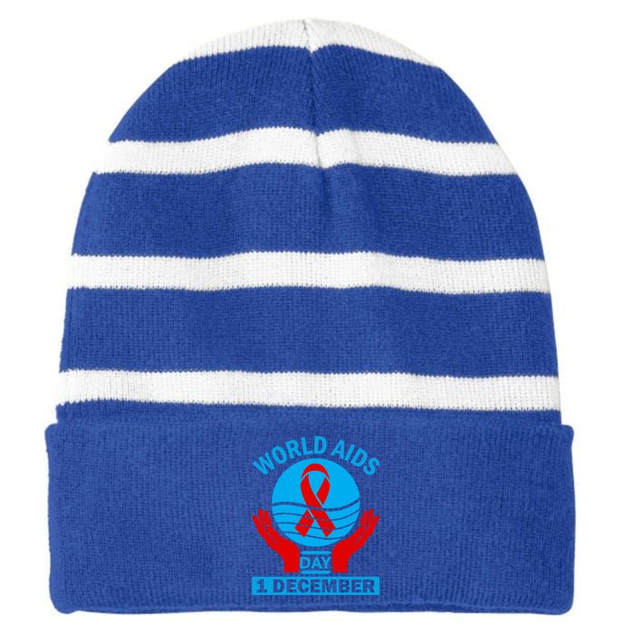 1 Dec Red Ribbon Day Support For World Aids Day Awareness Cute Gift Striped Beanie with Solid Band