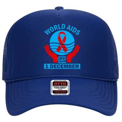 1 Dec Red Ribbon Day Support For World Aids Day Awareness Cute Gift High Crown Mesh Back Trucker Hat