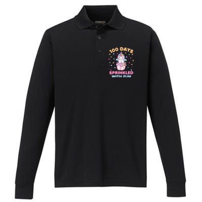 100 Days Sprinkled With Fun Cute Unicorn 100th Day Of School Gift Performance Long Sleeve Polo