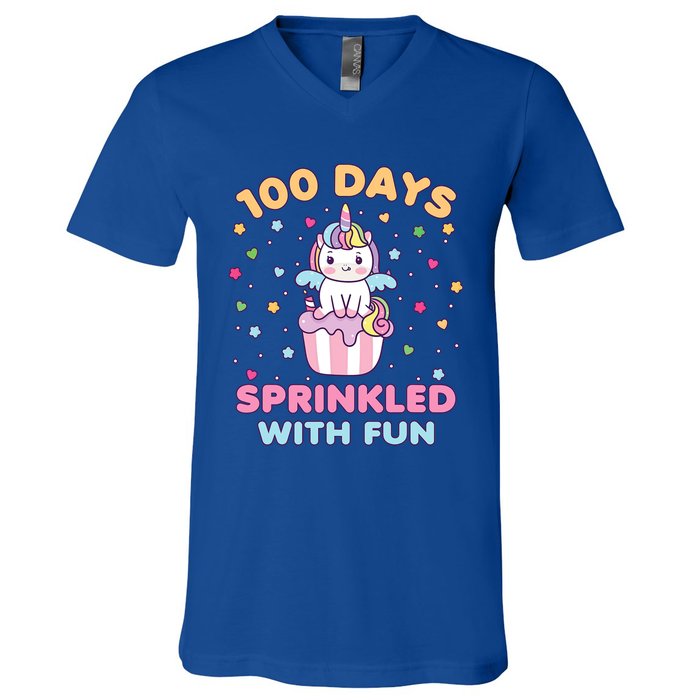 100 Days Sprinkled With Fun Cute Unicorn 100th Day Of School Gift V-Neck T-Shirt