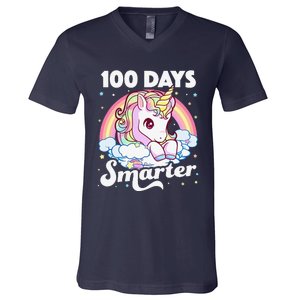 100 Days Smarter Unicorn Teacher 100th Day Of School V-Neck T-Shirt