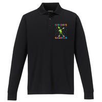 100 Days Smarter 100th Day of School Dabbing Crayon Performance Long Sleeve Polo