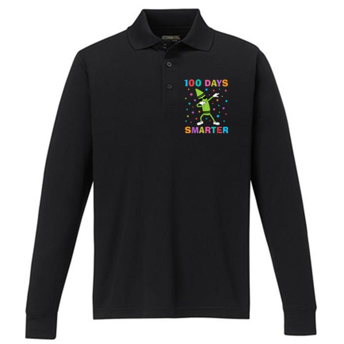 100 Days Smarter 100th Day of School Dabbing Crayon Performance Long Sleeve Polo