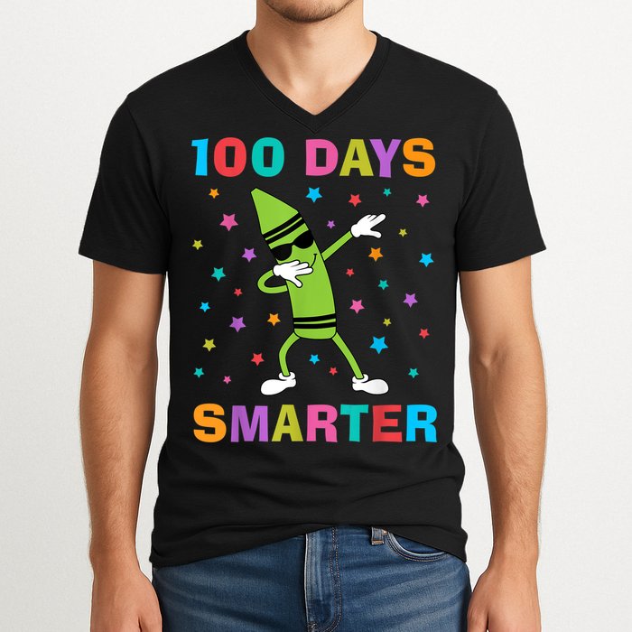 100 Days Smarter 100th Day of School Dabbing Crayon V-Neck T-Shirt