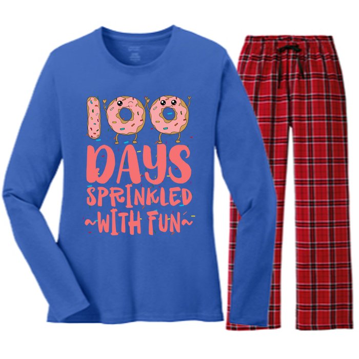 100 Days Sprinkled With Fun Donut 100th Day Of School Gift Women's Long Sleeve Flannel Pajama Set 