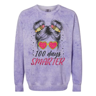 100 Days Smarter Messy Bun Girl Colorblast Crewneck Sweatshirt