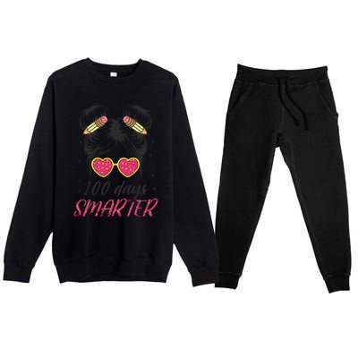 100 Days Smarter Messy Bun Girl Premium Crewneck Sweatsuit Set