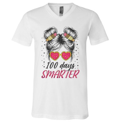 100 Days Smarter Messy Bun Girl V-Neck T-Shirt