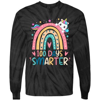 100 Days Smarter Unicorn 100th Day Of School Gift Tie-Dye Long Sleeve Shirt