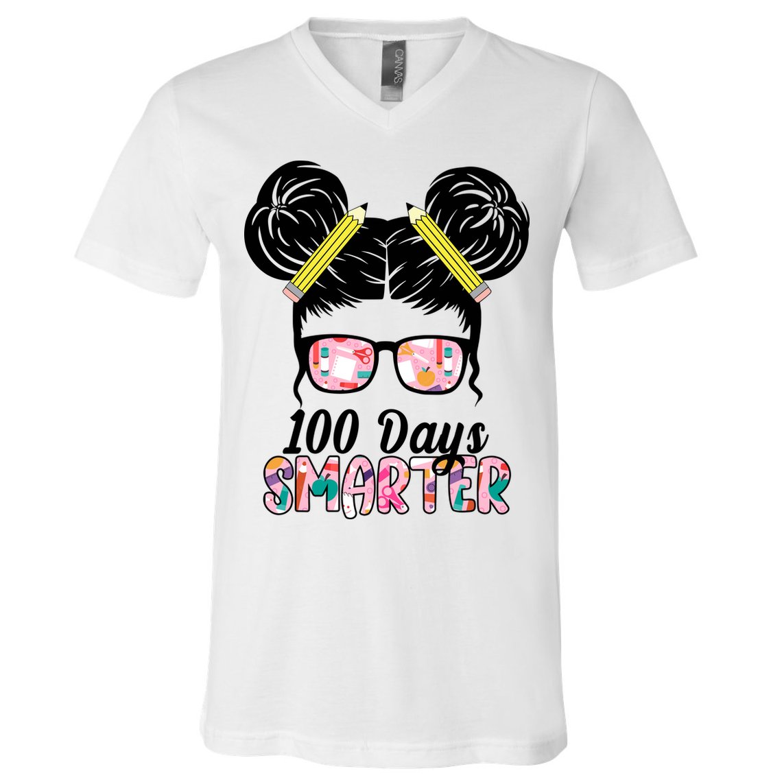 100 Days Smarter Student Hair Bun V-Neck T-Shirt