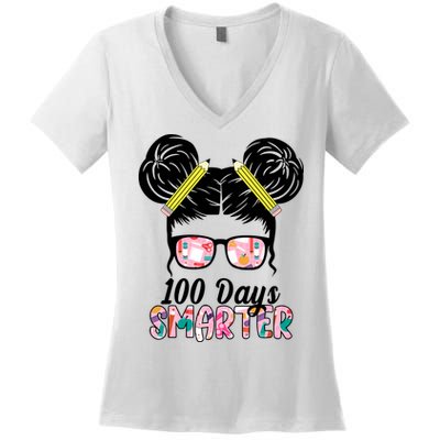 100 Days Smarter Student Hair Bun Women's V-Neck T-Shirt