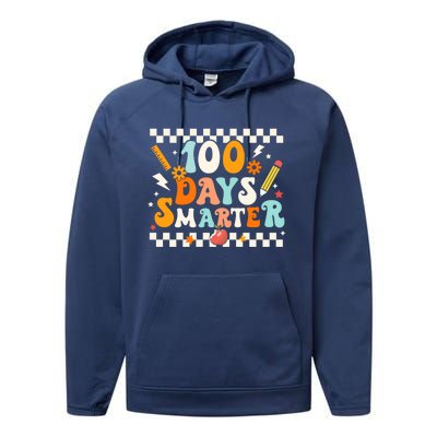 100 Days Smarter Groovy Retro Funny Happy 100 Days Of School Cute Gift Performance Fleece Hoodie