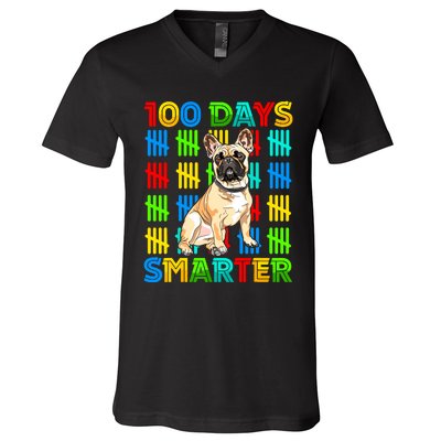 100 Days Smarter Frenchie Dog Lovers 100 Days Of School V-Neck T-Shirt