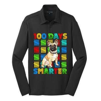 100 Days Smarter Frenchie Dog Lovers 100 Days Of School Silk Touch Performance Long Sleeve Polo