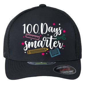 100 Days Smarter Happy 100 Days Of School Brighter Sharper Funny Gift Flexfit Unipanel Trucker Cap