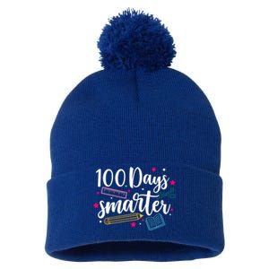 100 Days Smarter Happy 100 Days Of School Brighter Sharper Funny Gift Pom Pom 12in Knit Beanie