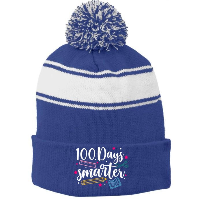 100 Days Smarter Happy 100 Days Of School Brighter Sharper Funny Gift Stripe Pom Pom Beanie