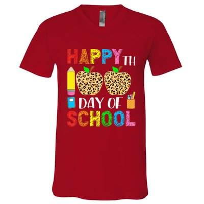 100 Days Smarter Teacher Student Leopard Happy 100 Days V-Neck T-Shirt